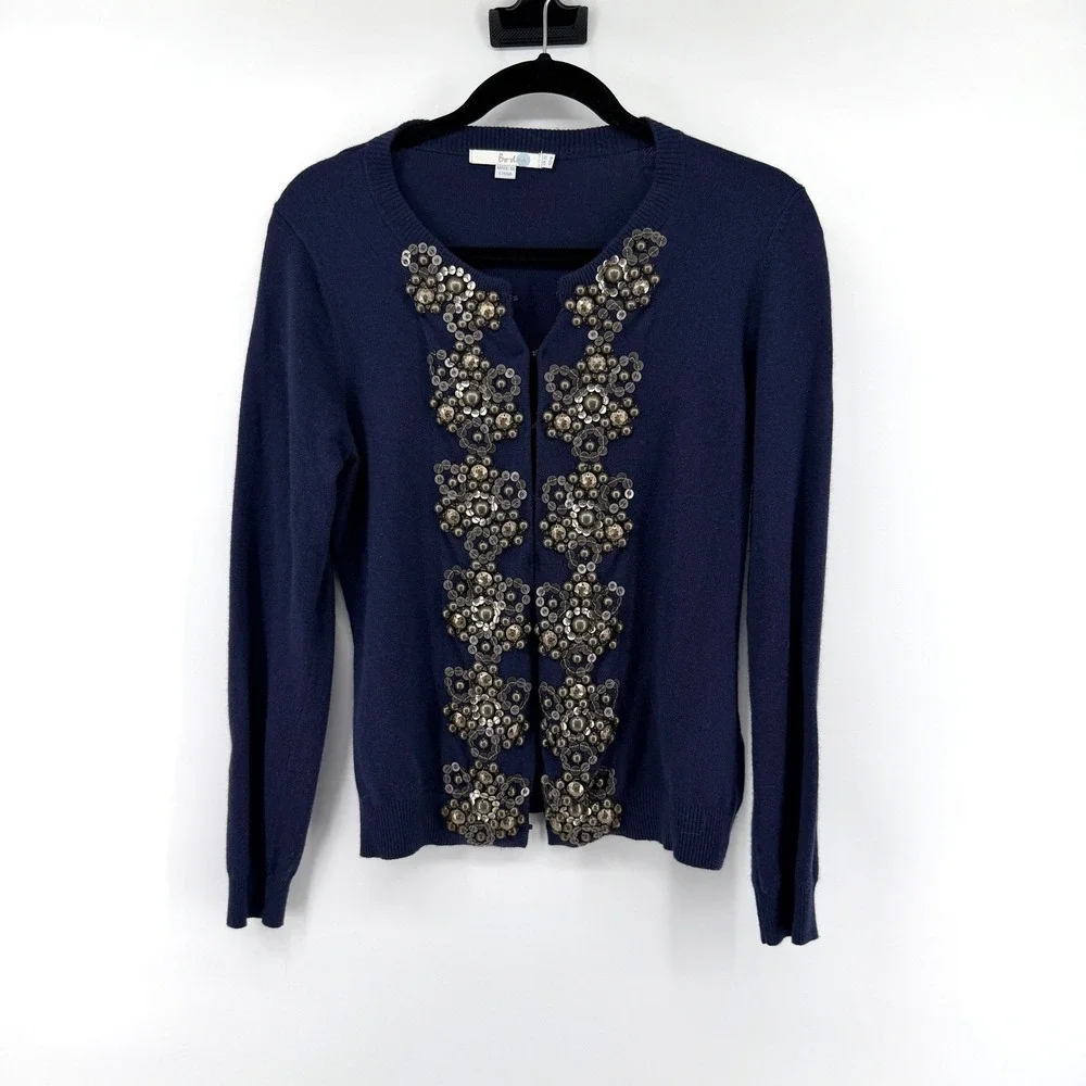 Boden Cardigan Embellished Sequin Bead Size 8 Navy Blue Womens Sweater Cashmere